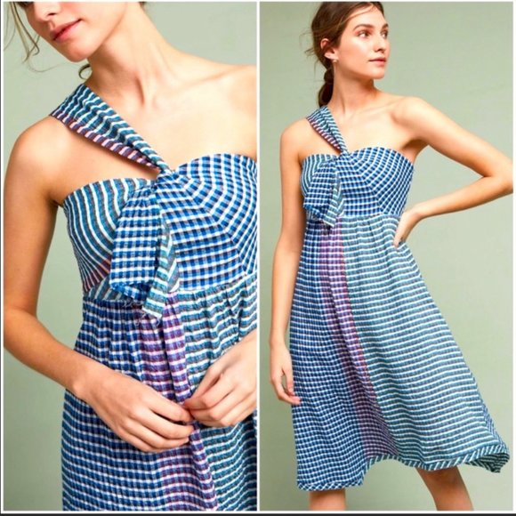 NWT Anthropologie Maeve Waverly One Shoulder Summer Gingham Dress Size 10 - Picture 3 of 6
